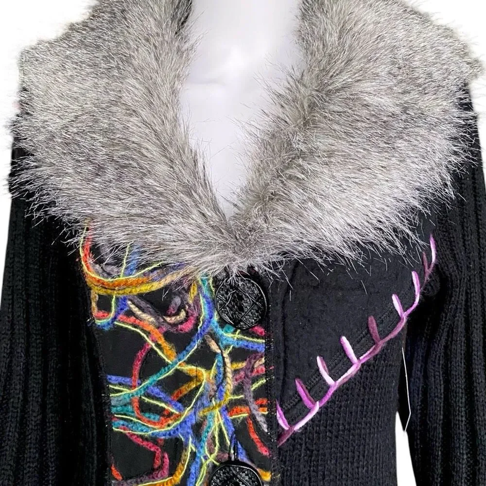 vintage whimsigoth embroidered fur cardigan
